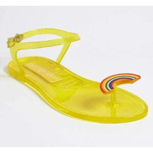 Katy Perry Jelly Rainbow Sandals 9 NWOT Yellow Flat Ankle Strap Beach Travel